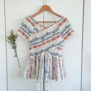 Japna White Floral Smocked Peplum Top • Sz M